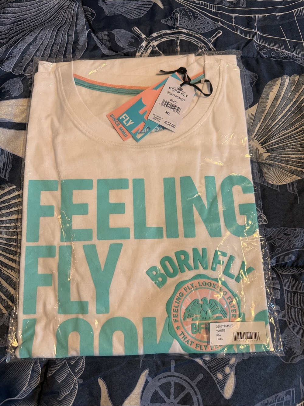 Born Fly Men’s Short Sleeve Tee - White with Teal Graphic